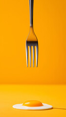 Shiny fork hovering above fresh fried egg on orange background.