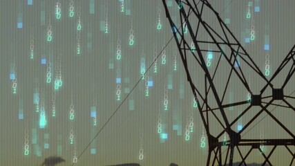 Binary digits appearing at dusk sparking data rain as camera tilting up tower visualizing data flow - Powered by Adobe