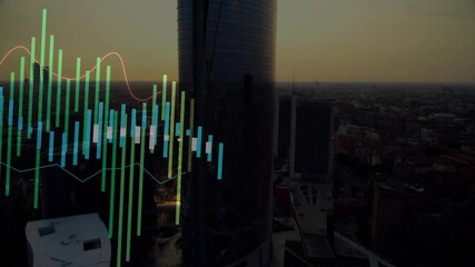 Sun nearing horizon starting data bars emerging and line tracing live financial trends over skyline - Powered by Adobe