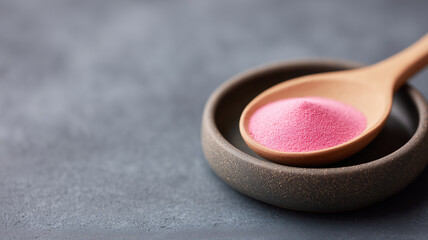 Small wooden spoon filled with fine pink powder on bowl