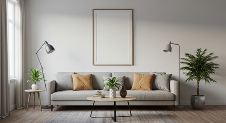 Naklejka premium Realistic Living Room Interior with Gray Sofa Plant and Wall Art