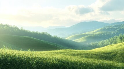 Fototapeta premium Lush green hills under a soft sunrise (1)