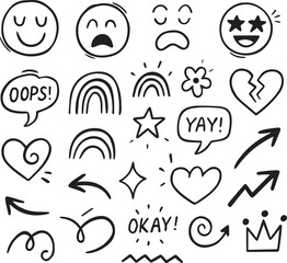 Smile brush hand drawn vector element set. Emoji fun face, heart, crown symbol crayon texture marker background kid sketch style hand drawn element. Color smiley face, arrow. Vector