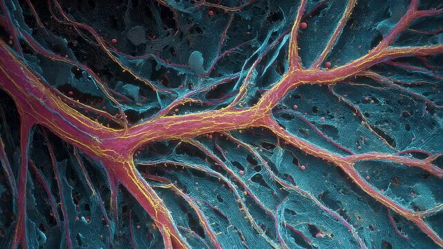 Luminescence highlights a growing vascular network, creating distinctive patterns in the surrounding biomaterial under a microscope, influenced by thermal gradients