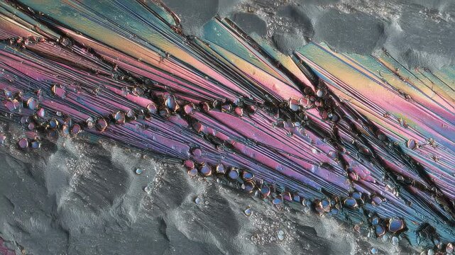 Iridescent metallic strands expand irregularly on palladium foam, showcasing the dynamic process of electroplating and creating an abstract, colorful texture