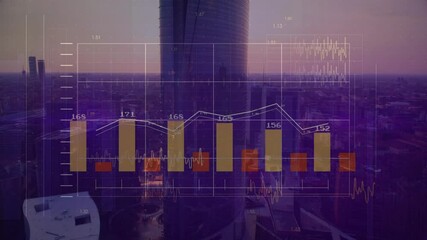 Data overlay fading over skyscraper, expanding bars and fluctuating line graph illustrating trends - Powered by Adobe