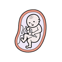 母親の胎内にいる赤ちゃんのイラスト（へその緒握る）