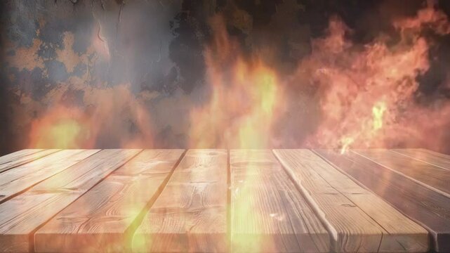Burning flames over wooden table with dark smoky background