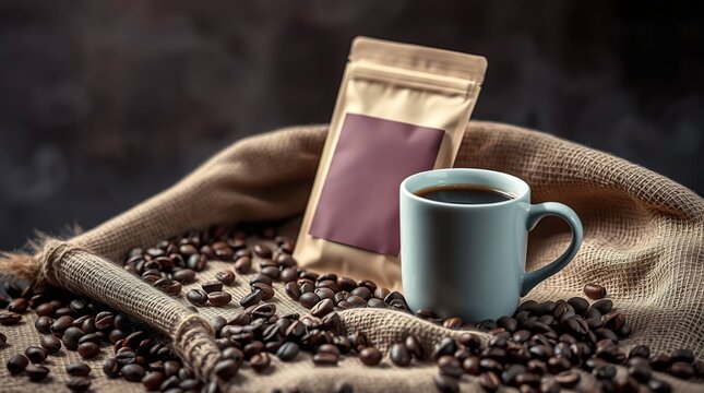 Aromatic coffee cup and beans on burlap