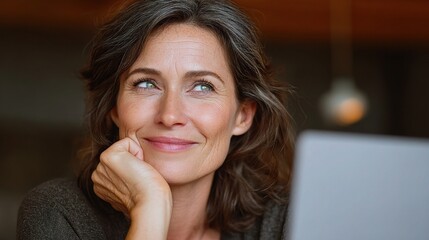 Smiling Mature Woman with Laptop in a Cozy Environment