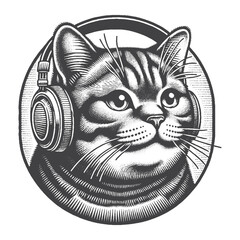 Vintage Hand-Drawn British Shorthair with Headphones and Smiling Face Illustration – Happy Cat Engraved Style Vector for T-Shirts, Posters, Stickers, and Music Themes Apparel