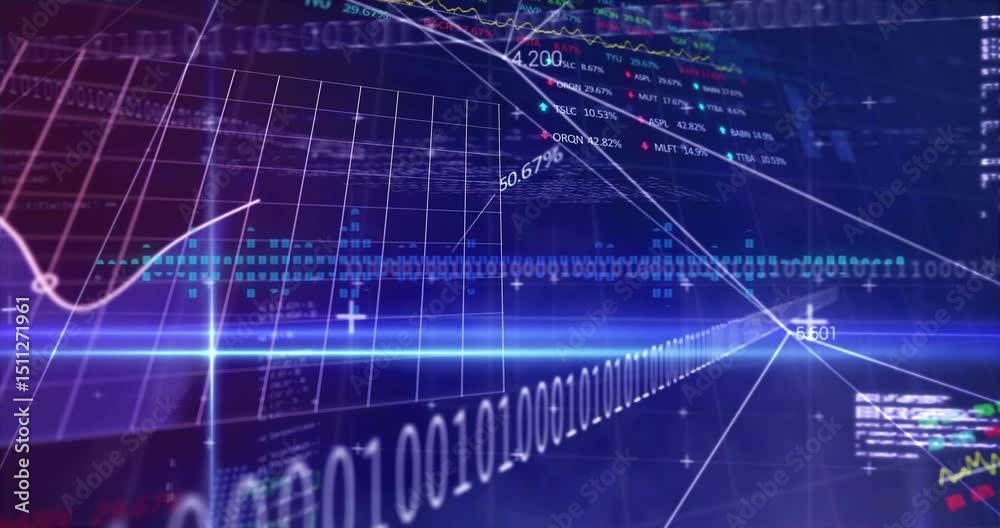 Poster beam pulsating forming grid lines materializing code panels animating charts tracking market trends