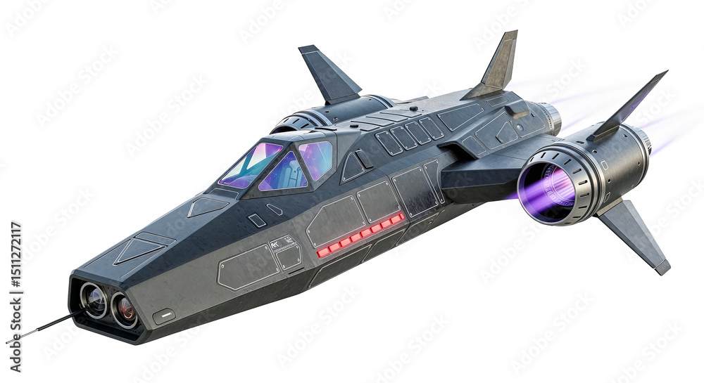 Poster futuristic spaceship flying in space with purple engine glow