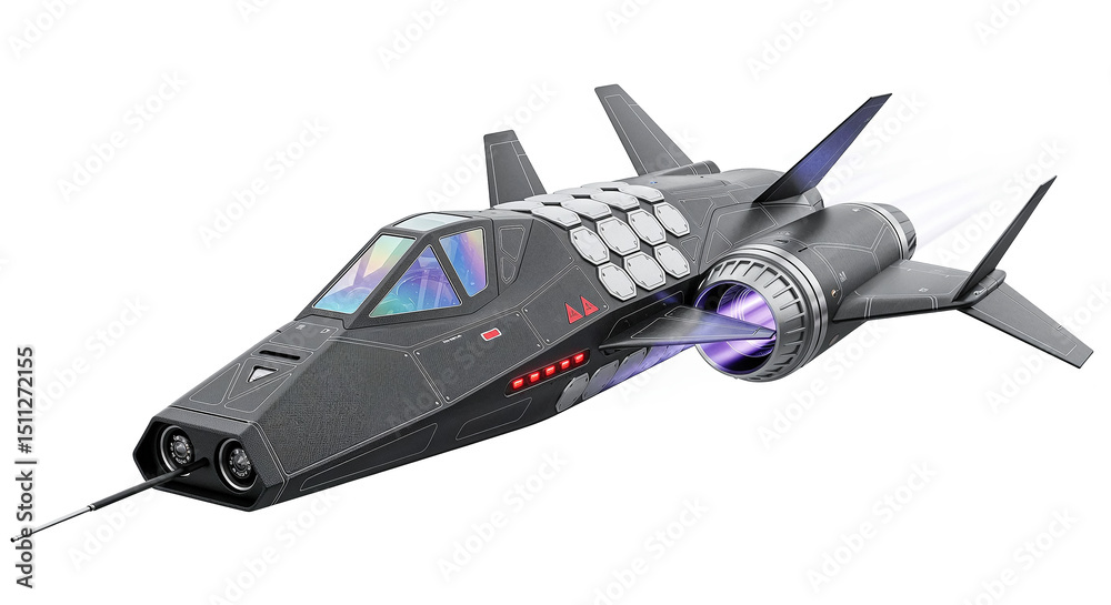 Poster Futuristic spaceship flying in space with plasma engine activating