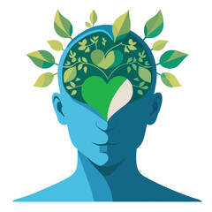 Creative cartoon of human mind with green plants and heart icons, symbolizing mental health, eco-consciousness, and emotional harmony. Ideal for wellness, nature care, sustainability, and mindful livi
