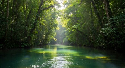 Obraz premium Sunlight streams through the green forest, illuminating a natural landscape with trees reflecting in the still water of a river