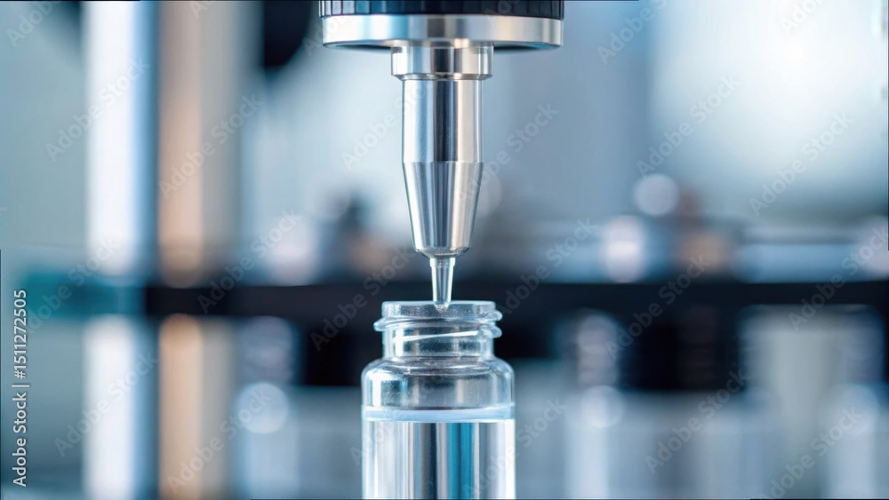 Poster Precision Pipette Injecting Clear Fluid into Vial in Laboratory Setting