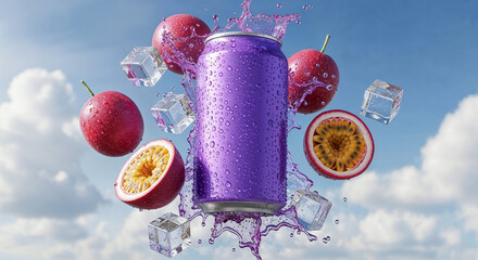 Purple passion fruit soda can splashing with ice cubes and fruits in the air