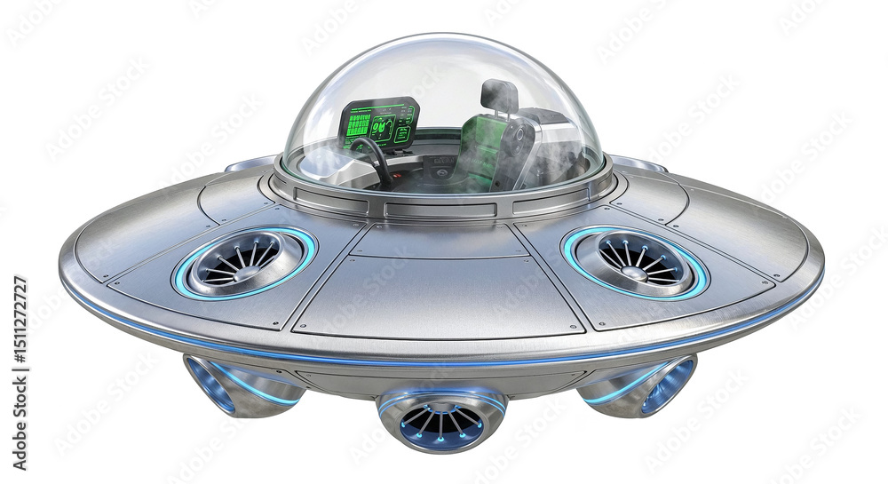 Poster retro ufo flying saucer hovering with interior view