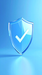 A transparent shield with a check mark, symbolizing security and protection, set against a blue background