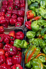 Fresh red and green bell peppers for sale at farmers market
