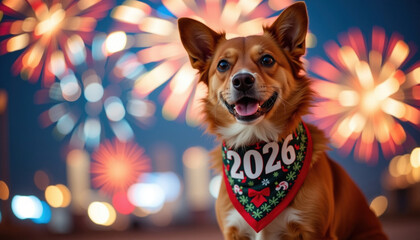 Cheerful dog wearing festive bandana celebrates New Year with fireworks in background, creating joyful atmosphere