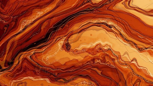 Vibrant waves of ochre and copper intertwine with dark mahogany accents, presenting a warm and powerful liquid texture for modern branding 4K