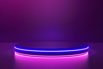 A purple background with a silver circular stage