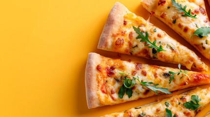 pizza slices arranged on sides as a frame around vibrant background copy space