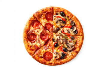 Ultra-realistic 8K top-down view of split thin-crust pizza: one half pepperoni-mozzarella, other half mushrooms-bell peppers-olives, bubbling cheese on pure white background
