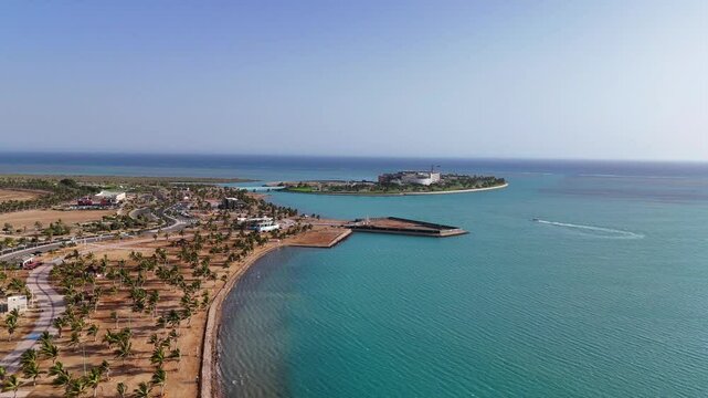 Yanbu, Saudi Arabia - May 20 2025, Aerial view panorama marina and sea front, Yanbu, Saudi Arabia 4k drone video