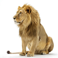Obraz premium A full-body photorealistic male lion sitting calmly with a relaxed posture and a detailed, majestic mane.