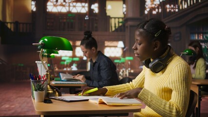 Teenage girl at the library highlighting relevant phrases for study session, marking paragraphs from class notes to learn for the exam. Using a fluorescent pen as a studying technique. Camera A.