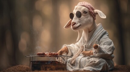 Cool Goat in Pajamas Grilling Meat Outdoors Summertime Relaxation Fun Animal Photography Adorable Happy White Goat Sunglasses Barbecuing Peaceful Scene Nature Background Forest    