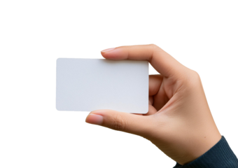 Closeup empty female hand holding invisible business card isolated on transparent or white background