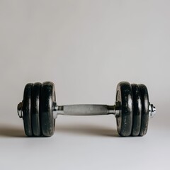 Fototapeta premium A well-worn, black dumbbell with a textured gray handle rests on a plain white background. The dumbbell is composed of multiple weight plates