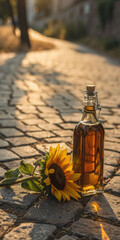 bottle of oil on wooden background