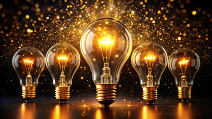 Glowing yellow light bulbs with sparkles on black background – high-quality image

