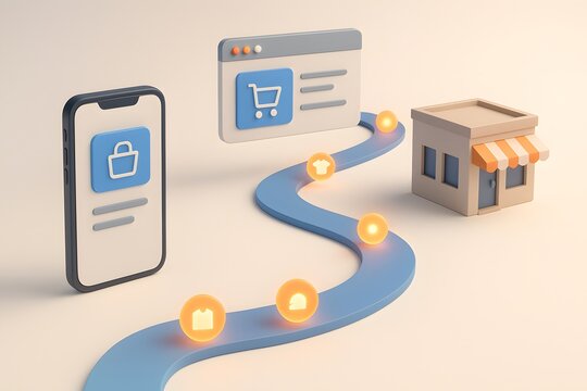 3D Illustration of Omnichannel Commerce Journey Connecting Mobile App, Online Store, and Physical Retail Shop