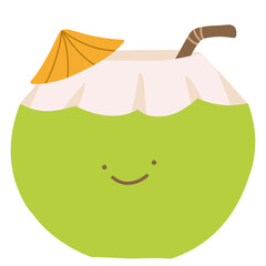 Cute Green Coconut Drink Flat Vector – Tropical Refreshment with Straw and Umbrella