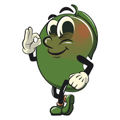 manggo retro vektor illustration mascot character dancing while giving the okay sign, work of hand drawn