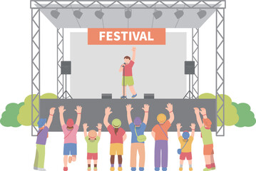 夏フェスのステージで音楽を楽しむ人物達のイラスト