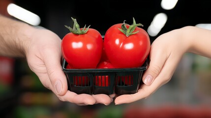Two hands hold a small black basket with three ripe red tomatoes inside