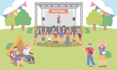 野外にステージを設置した夏フェスのイラスト