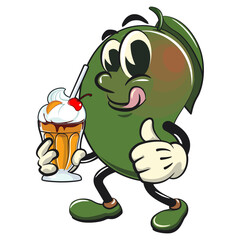 manggo retro vektor illustration mascot character bringing fresh mango flavored milkshakes, work of hand drawn