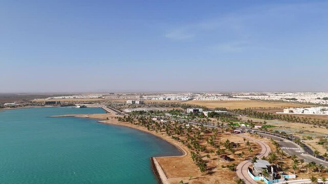 Yanbu, Saudi Arabia - May 20 2025, Aerial view panorama marina and sea front, Yanbu, Saudi Arabia 4k drone video