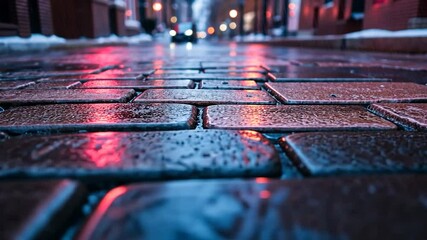 Wet red brick road reflecting streetlights and distant vehicle in a city at dusk or dawn with snow or rain creating a moody urban atmosphere - Powered by Adobe