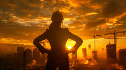 Silhouette of construction worker observing urban skyline during vibrant sunset at construction site
