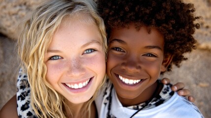 Fototapeta premium Smiling young women with diverse backgrounds enjoying a sunny outdoor day