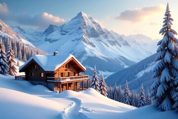 Cozy chalet nestled in a snow-capped mountain range, perfect for a winter climbing adventure Imagine breathtaking views and a warm retreat after a day on the slopes , winter wonderland, peaks